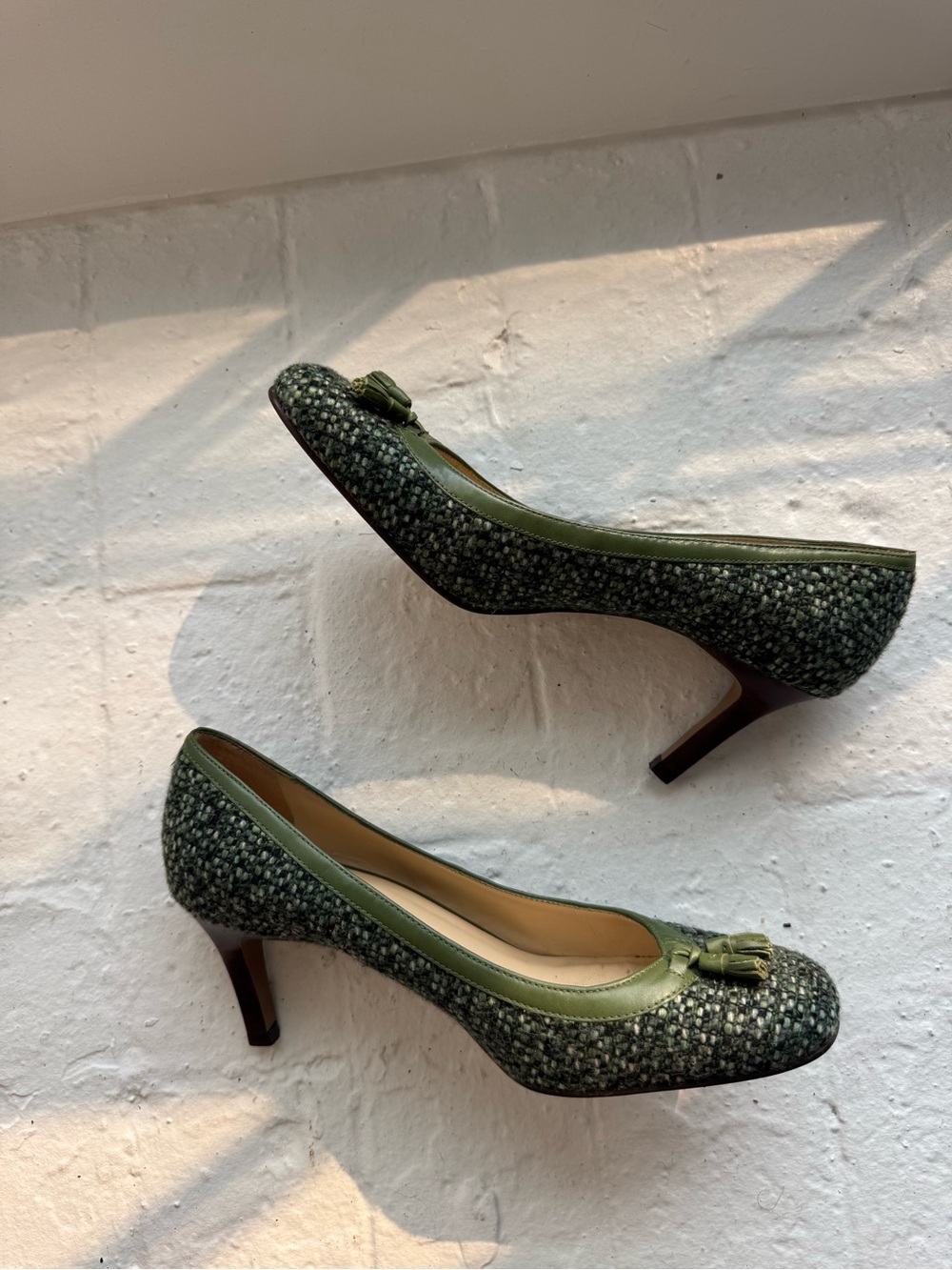Green Tweed Mid-Heel Pumps with Tassel Accent - Picture 3 of 7